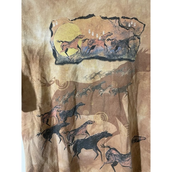 Vtg 90s Tribal Horses Cave Drawing Shirt Tie Dye  Sun Fade Y2K Medium Native - Picture 6 of 6